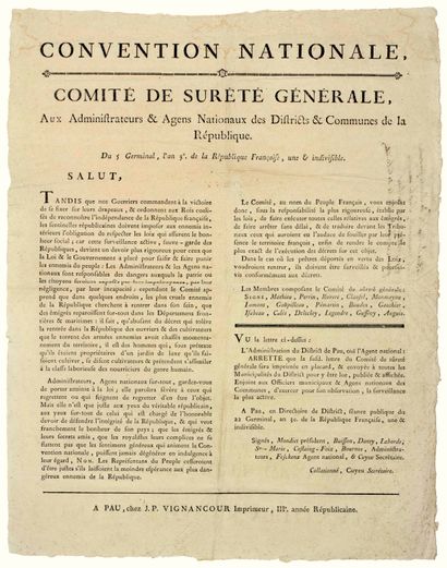 null PAU (64). 1795. PYRÉNÉES ATLANTIQUES. Adresse du “COMITÉ DE SÛRETÉ GÉNÉRALE,...