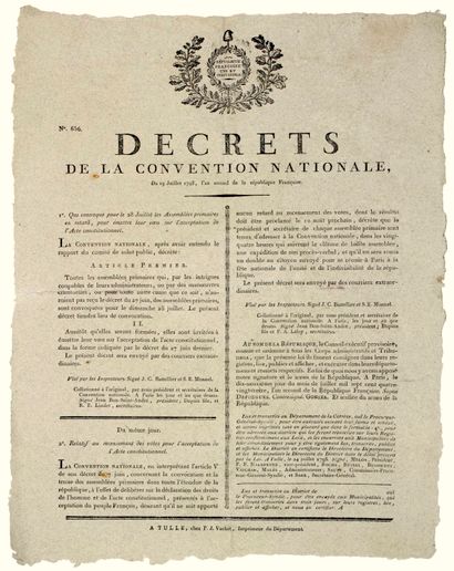 null CORRÈZE. 1793. ACCEPTATION DE L’ACTE CONSTITUTIONNEL : « Décret de la Convention...