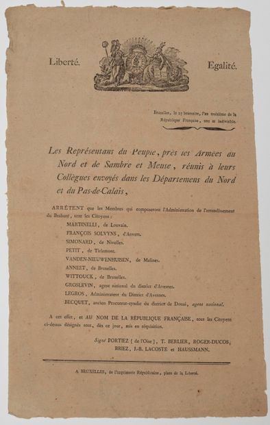 null BELGIQUE. BRUXELLES, 27 Brumaire An 3 (17 Novembre 1794) . « Les Représentants...