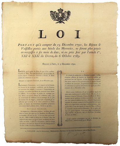 null REVOLUTION. 1790. CURRENCY. HÉRAULT. Law bearing that as from December 15, 1790,...
