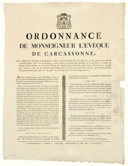 null AUDE. 1807. EASTERN PYRÉNÉES. PROHIBITION OF PROCESSIONS. "Ordinance of Monseigneur...