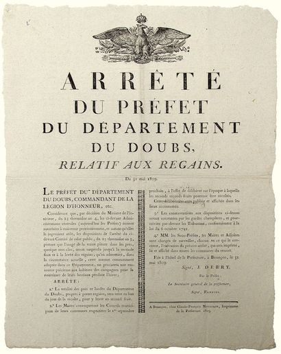 null DOUBS. 1809. AGRICULTURE. Arrêté de Jean DEBRY Préfet du Département du DOUBS...