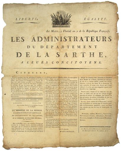 null SARTHE. 1799. LEVÉE POUR L’ARMÉE “Les Administrateurs du Département de LA SARTHE,...