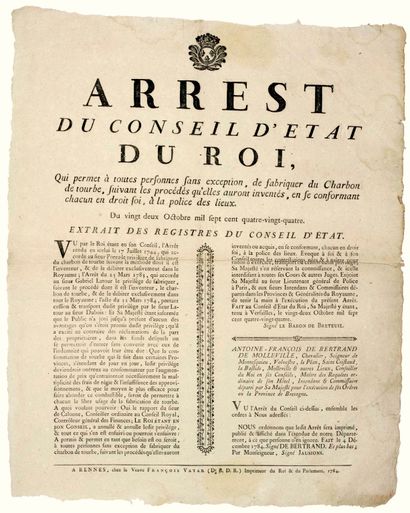 null BRETAGNE. 1784. CHARBON DE TOURBE. RENNES (35). « Arrest du conseil d’Etat du...