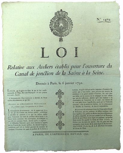 null CANAL de la SAÔNE à la SEINE. 1792. “Loi relative aux ATELIERS établis pour...