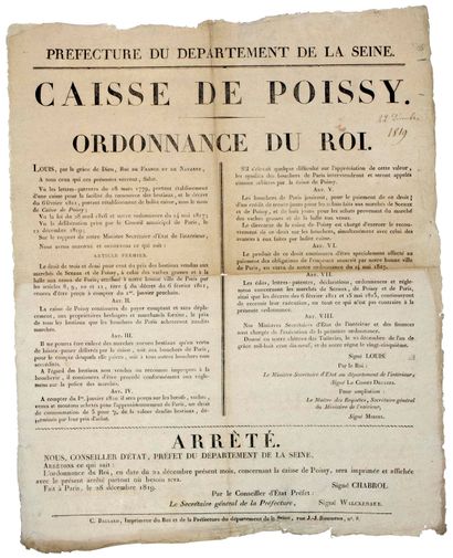 null YVELINES. 1819. “CAISSE DE POISSY. Ordonnance du ROI.”. Arrêté de CHABROL Conseiller...