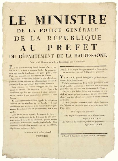 null HAUTE-SAÔNE. 1801. "FOUCHÉ The Minister of the General Police of the Republic,...