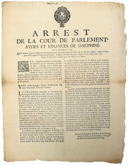 null DAUPHINÉ. (Peur de la peste). 1744. Arrest de la Cour de Parlement, Aydes et...