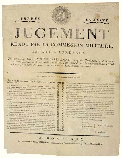 null AN 2. GIRONDE. JUDGMENT rendered by the Military Commission, sitting in BORDEAUX,...