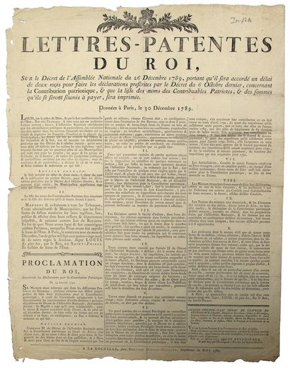 null CHARENTE-MARITIME. 1789. CONTRIBUTION PATRIOTIQUE. « Lettres patentes du Roi,...