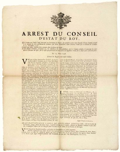 null 1738. BRITAIN. LOUDÉAC (22). MARK OF THE CLOTHS. "Arrest of the Council of State...