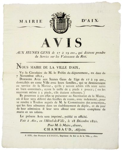 null “MAIRIE D’AIX (13)” (Vignette au Blason de la Ville). 1821. MARINE : “AVIS aux...