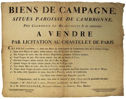 null 1779. (OISE) CAMBRONNE LES CLERMONT. PARIS. “BIENS DE CAMPAGNE situés Paroisse...