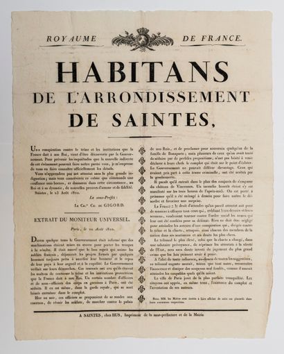 null CHARENTE-MARITIME. 1820. Adresse du Sous-Préfet Le Chevalier Charles de GIGORD,...