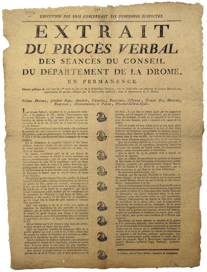 null DRÔME. 1793. Execution of the laws concerning the SUSPECTED PERSONS. Extract...