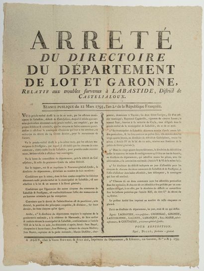 null LOT-ET-GARONNE. 1793. RÉVOLTE. « Arrêté du Directoire du Département de Lot-et-Garonne,...