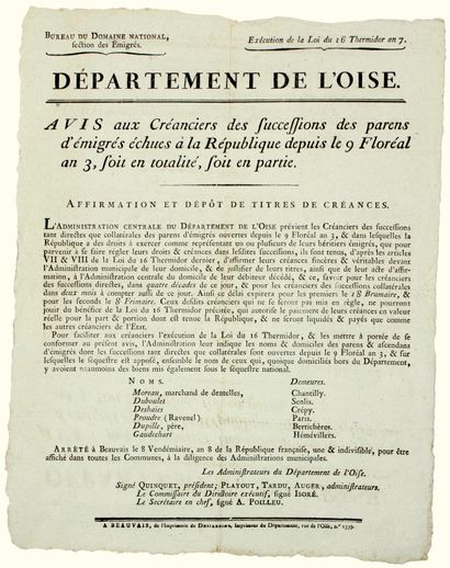 null OISE. 1799. "Bureau du DOMAINE NATIONAL, SECTION DES ÉMIGRÉS." BEAUVAIS (60)...