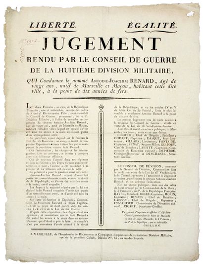 null MARSEILLE (13) EN ÉTAT DE SIÈGE. 1797. TRIBUNAL MILITAIRE. “JUGEMENT rendu par...