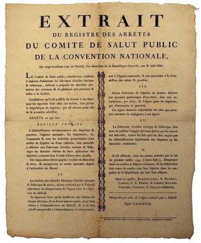 null TARN ET GARONNE. 1794. POUDRES & SALPÊTRES. “Extrait du registre des Arrêtés...