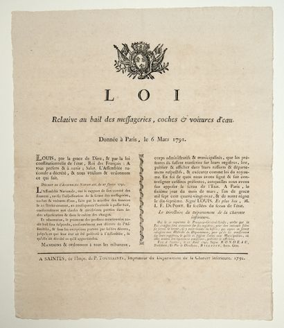 null POSTES & MESSAGERIES. 1791. « LOI relative au bail des MESSAGERIES, COCHES &...