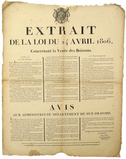 null 1806. PUY-DE-DÔME. BOISSONS. Extrait de la Loi du 24 avril 1806, concernant...