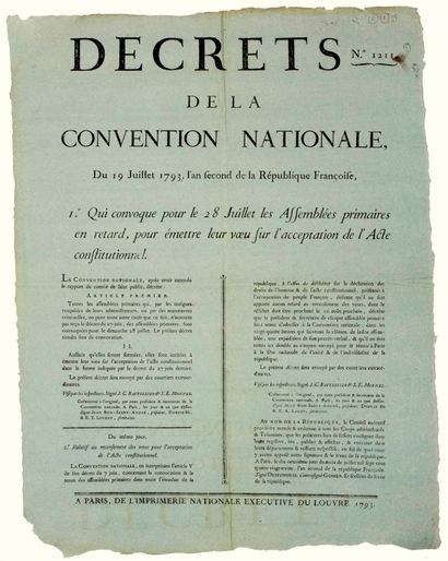 null PARIS 1793. ACCEPTANCE OF THE CONSTITUTIONAL ACT: Decree of the National Convention,...