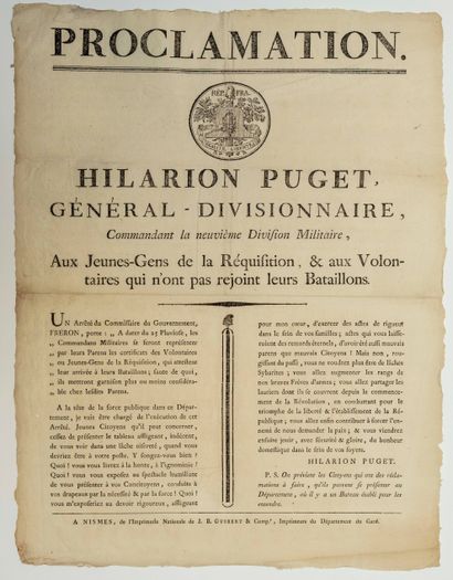 null GARD. 1796. "Proclamation of Hilarion PUGET, Divisional General commanding the...