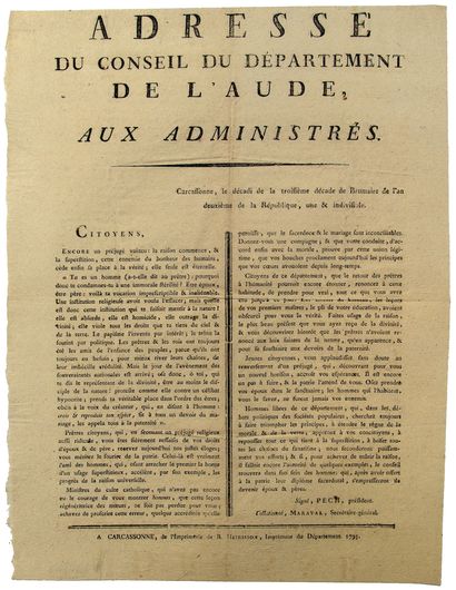 null AUDE. 1793. “ADRESSE du Conseil du Département de l’AUDE, aux Administrés. CARCASSONNE...