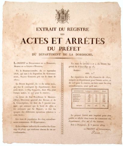 null DORDOGNE. 1809. GREAT ARMY. CONSCRIPTION. Decree of RIVET Prefect of the Dordogne,...