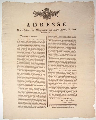 null ALPES-DE-HAUTE-PROVENCE. 1791. « Adresse des Électeurs du Département des BASSES-ALPES,...