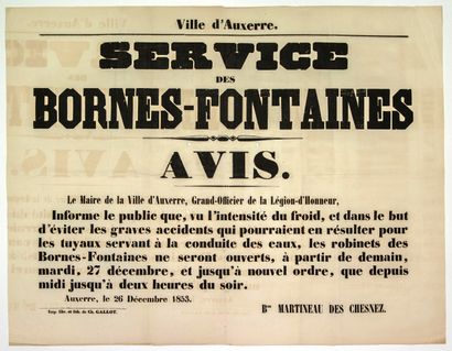 null YONNE. 1853. SERVICE DES BORNES-FONTAINES : Avis du Baron MARTINEAU DES CHESNEZ...