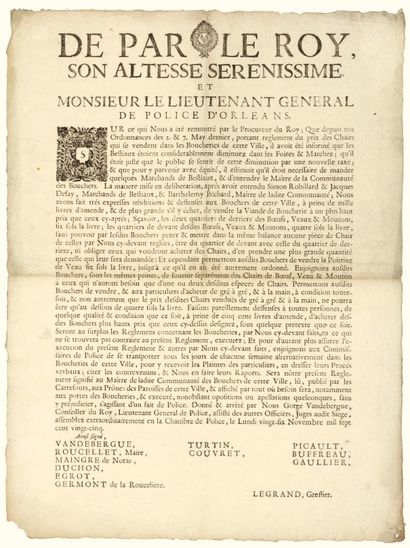 POLICE D’ORLÉANS (Loiret). 1725. BOUCHERIE....