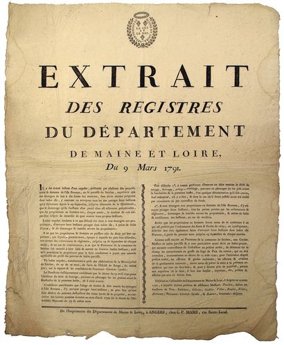 null MAINE ET LOIRE. 1791. SEICHES-SUR-LE-LOIR (49). Extrait des Registres du Département...