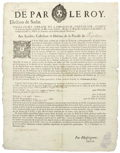 null (DORDOGNE) 1709 - "DE PAR LE ROY, Élection de SARLAT." Ordinance of Guillaume...