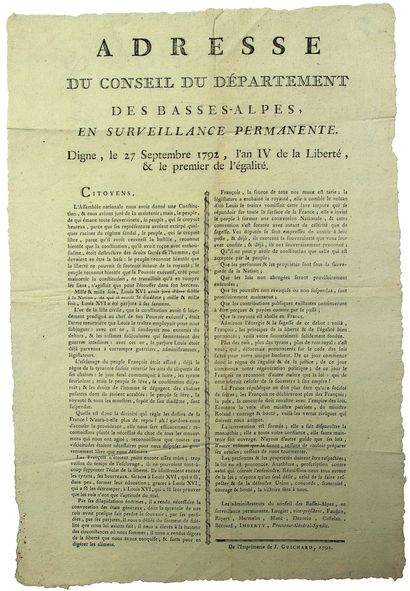 null ALPES DE HAUTE PROVENCE. 1792. « Adresse du Conseil du Département des BASSES-ALPES,...