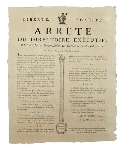 null BOUCHES-DU-RHÔNE. 1796 : « Arrêté du Directoire Exécutif, relatif à l’organisation...