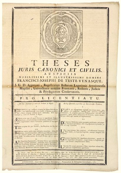 null UNIVERSITÉ D’AVIGNON (84). 1782. Grande vignette. Programme de l’examen de Droit...