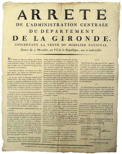 null AN 6. GIRONDE. NATIONAL FURNITURE. Decree of the Central Administration of the...