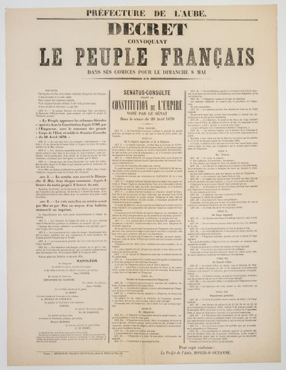 null AUBE. 1870. SENATUS-CONSULTE POUR LA CONSTITUTION DE L'EMPIRE. Décret convoquant...