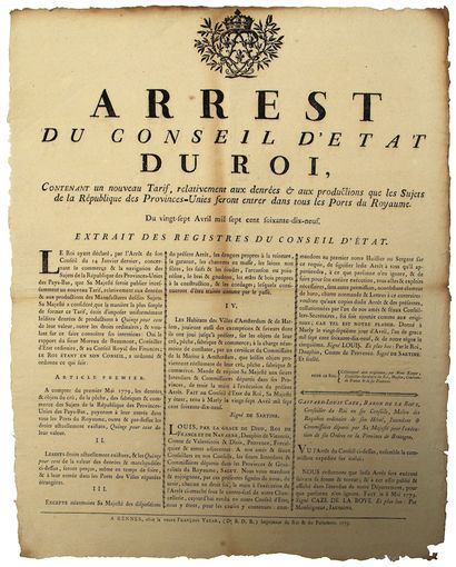 null BRITAIN. 1779. NETHERLANDS. RENNES (35); "Arrest du Conseil d'Etat du Roi, contenant...