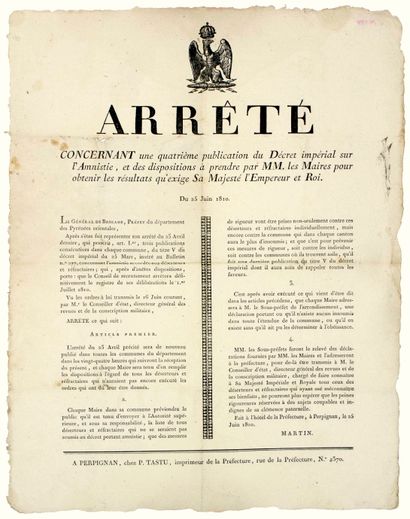 null EASTERN PYRÉNÉES. 1810. EMPIRE. AMNESTY TO DESERTERS AND REFRACTORY. "Order...