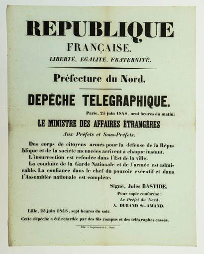 null PARIS 25 Mai 1848. Lille (Nord). Dépêche télégraphique de Jules BASTIDE Ministre...