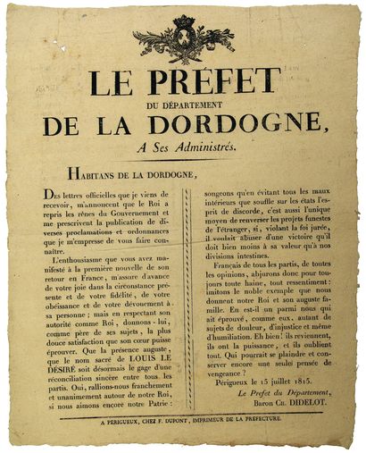 null 1815. DORDOGNE. Adresse du Baron Ch. DIDELOT Préfet de la Dordogne, à ses Administrés....