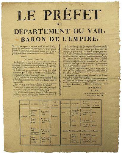 null VAR. 1811. EMPIRE. Decree of AZÉMAR Prefect of the Var, Baron of the Empire,...