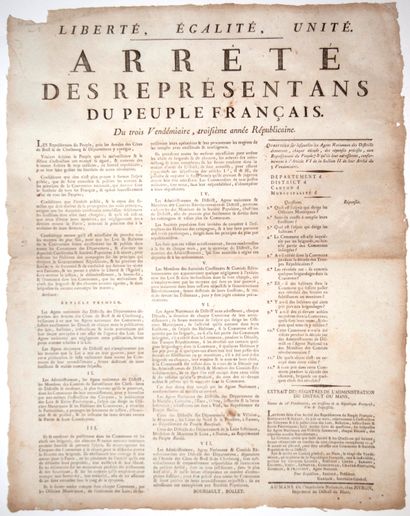 null SARTHE. AN 3. CHOUANS & INSURGES - Decree of the representatives of the French...