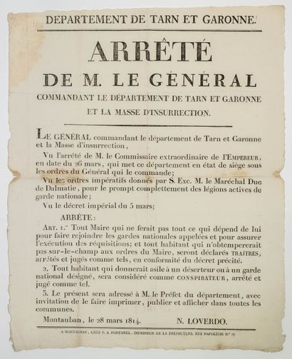 null TARN ET GARONNE. 1814. FIN DE L’EMPIRE. Arrêté du général Nicolas de LOVERDO...
