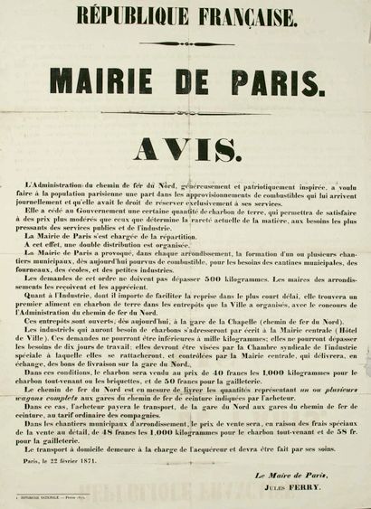 null SIÈGE DE PARIS. 1871. « MAIRIE DE PARIS ». AVIS de Jules FERRY, le Maire de...