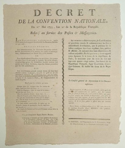null POSTES & MESSAGERIES. 1793. « Décret de la Convention Nationale, du 1er Mai...