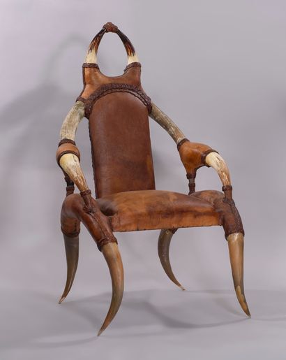 null 
Important living room furniture made of bovine horn and upholstered with brown...