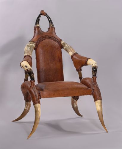 null 
Important living room furniture made of bovine horn and upholstered with brown...